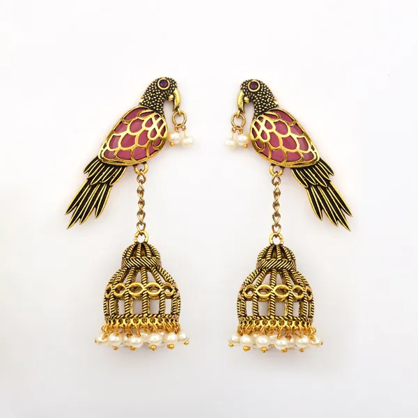 Antique_Gold_Bird_and_Cage_Pink_Statement_Earrings__|_Vintage_party_Wear_Earrings