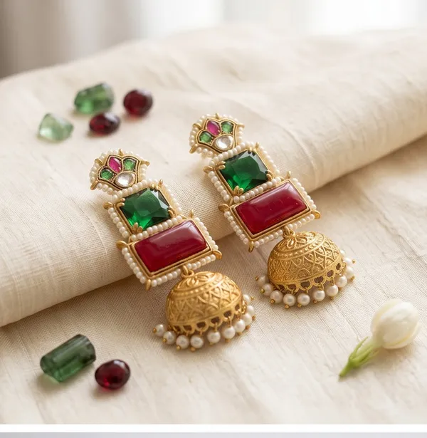 Red_&_Green_Stone_Gold_Look_Jhumki_Earrings_|_Traditional_Ethnic__Style_Jhumkas