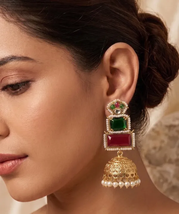 Red_&_Green_Stone_Gold_Look_Jhumki_Earrings_|_Traditional_Ethnic__Style_Jhumkas