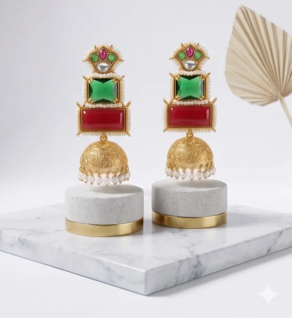 Red_&_Green_Stone_Gold_Look_Jhumki_Earrings_|_Traditional_Ethnic__Style_Jhumkas