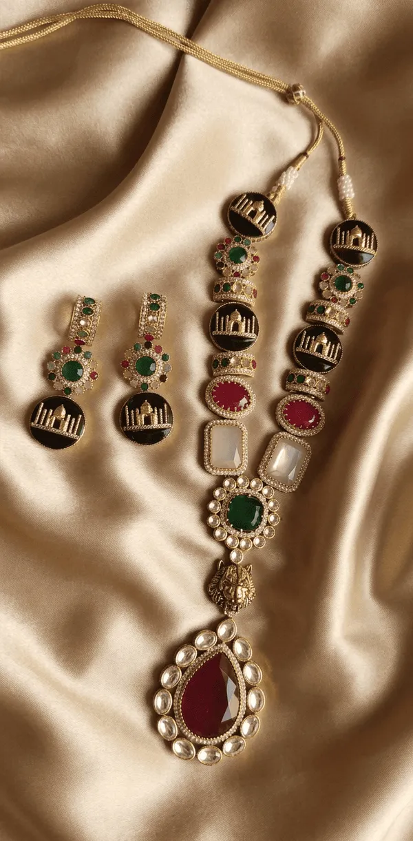 Sabyasachi_Inspired_Long_Kundan_Necklace_with_Tiger_Motif_|_Vintage_Polki_Bridal_Jewelry_Set_with_Earrings