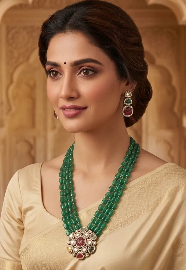 Multi_Strand_Emerald_Beads_Long_Necklace_|_Royal_Wedding_Jewellery