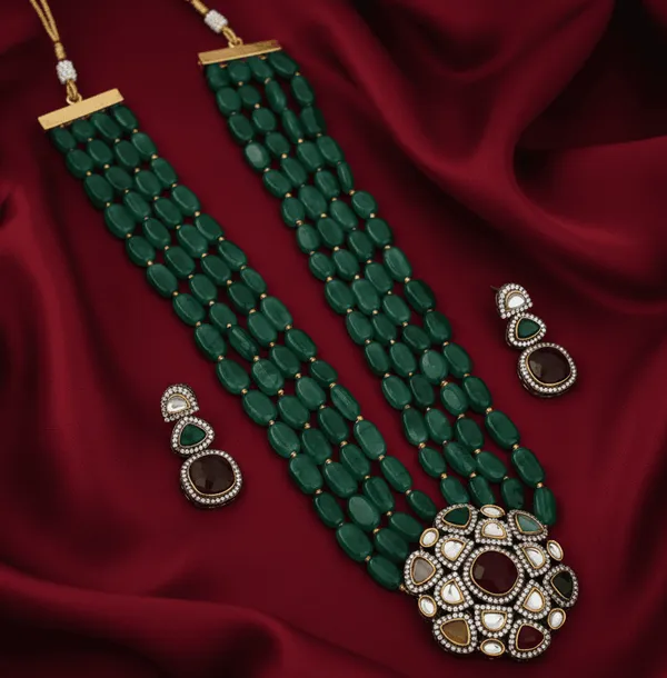 Multi_Strand_Emerald_Beads_Long_Necklace_|_Royal_Wedding_Jewellery