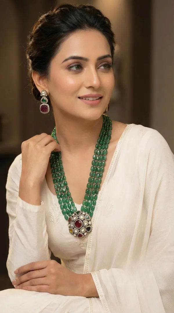 Multi_Strand_Emerald_Beads_Long_Necklace_|_Royal_Wedding_Jewellery