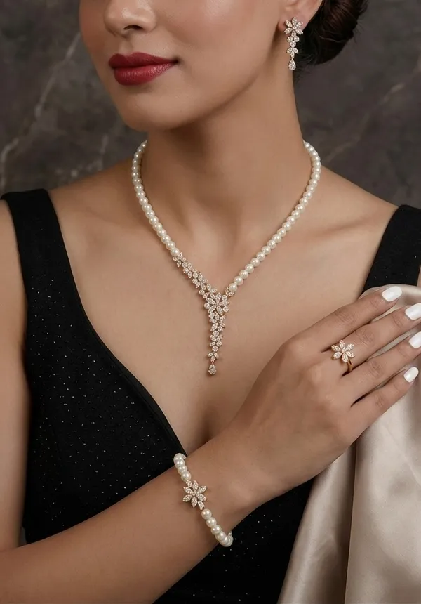 American_Diamond_Pearl_Combo_|_Necklace_|_Earring_|_Bracelet_|_Ring_|_Set_of_all_4