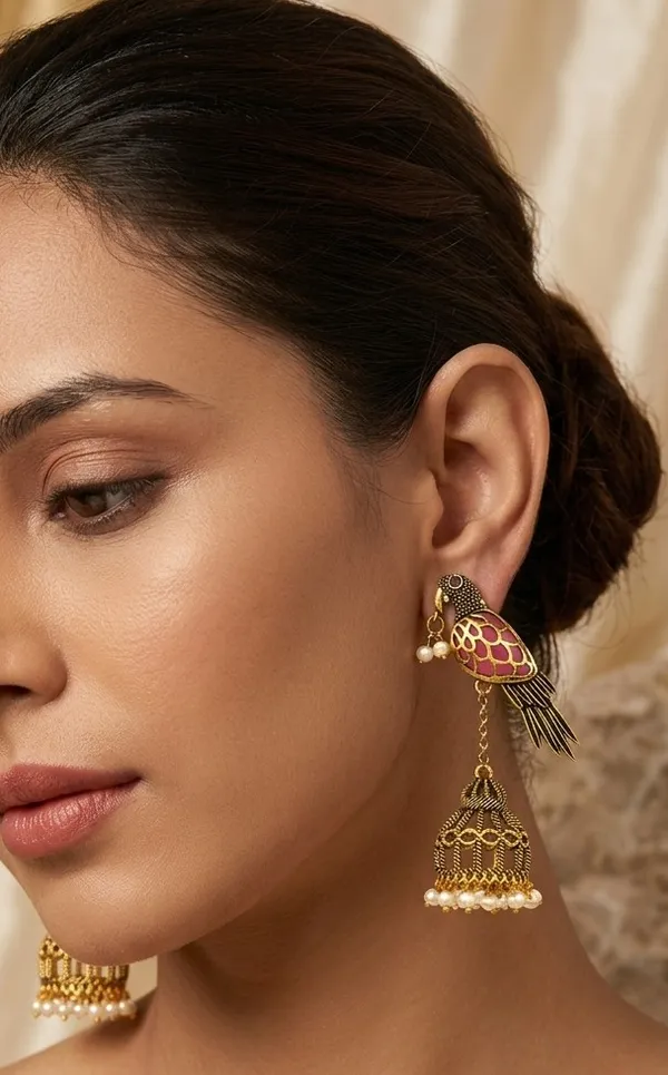 Antique_Gold_Bird_and_Cage_Pink_Statement_Earrings__|_Vintage_party_Wear_Earrings