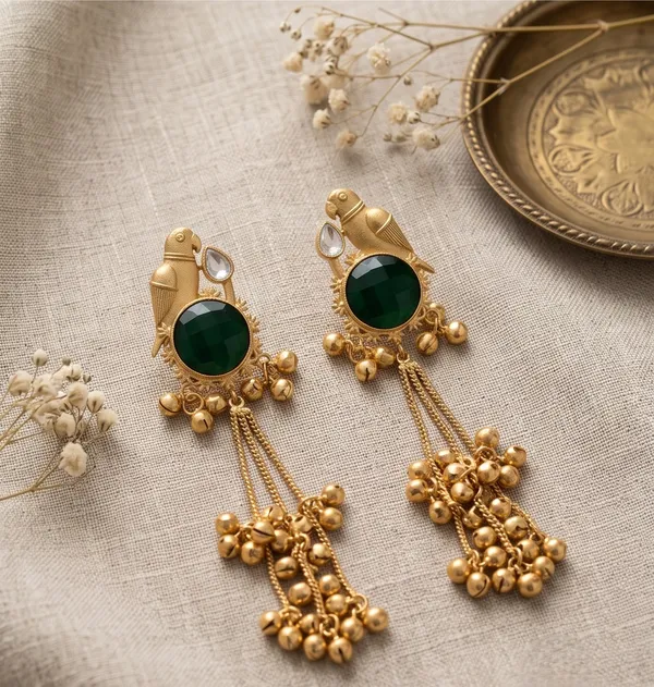 Dark_Green_Stone_Parrot_Motif_Kashmiri_Long_Earrings_|_Lightweight_Ethnic_Statement_Jewellery
