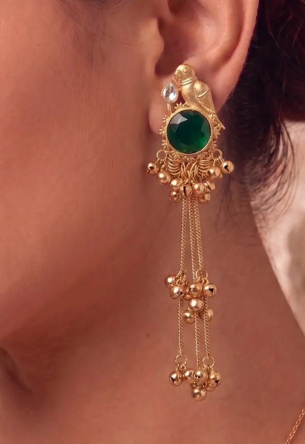 Dark_Green_Stone_Parrot_Motif_Kashmiri_Long_Earrings_|_Lightweight_Ethnic_Statement_Jewellery