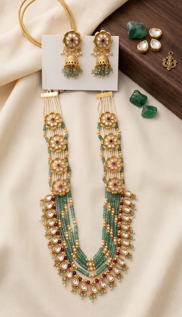 Green_Multi-Layer_Kundan_Long_Necklace_Set_with_Polki_&_Beads_|_Traditional_Wedding_Necklace