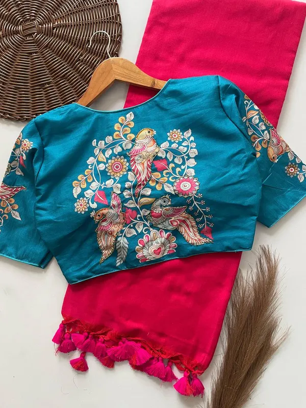Sky_Blue_Cotton_Saree_And_Blouse_For_Women