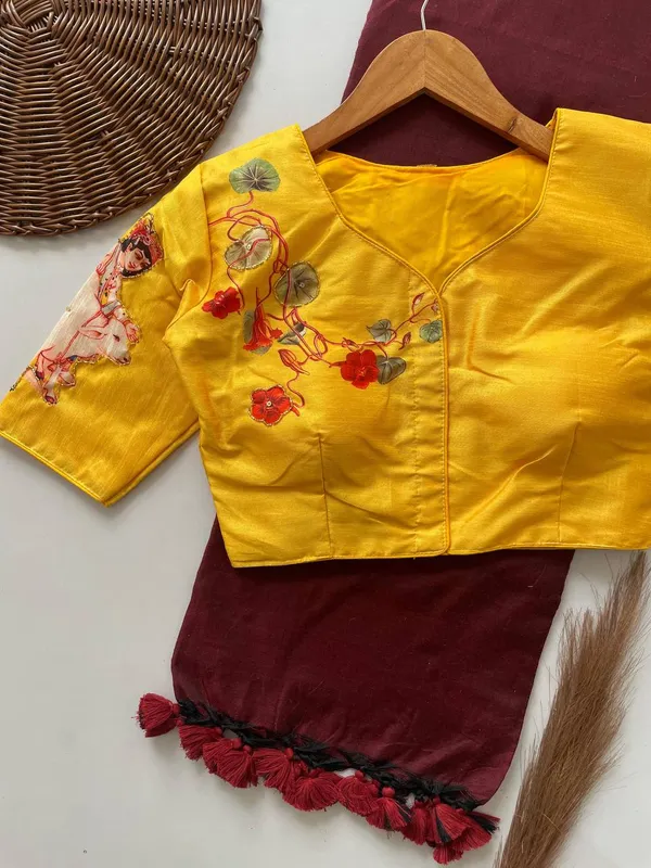 Yellow_Cotton_Saree_And_Blouse_For_Women