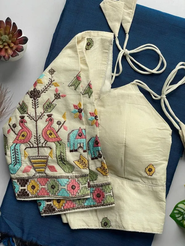 Multi_Colour_Cotton_Saree_And_Blouse_For_Women