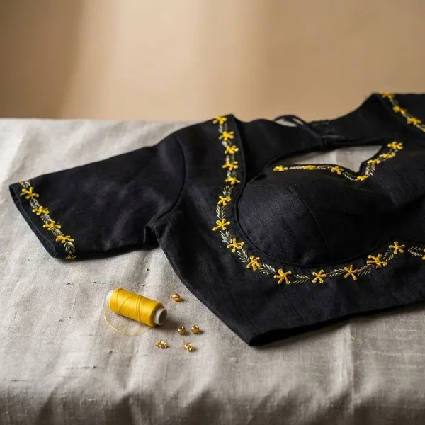 Black_Cotton_Saree_And_Blouse_For_Women