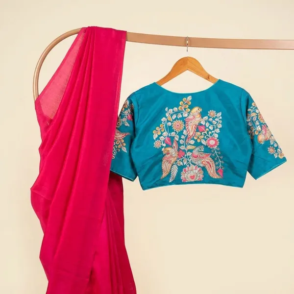 Sky_Blue_Cotton_Saree_And_Blouse_For_Women