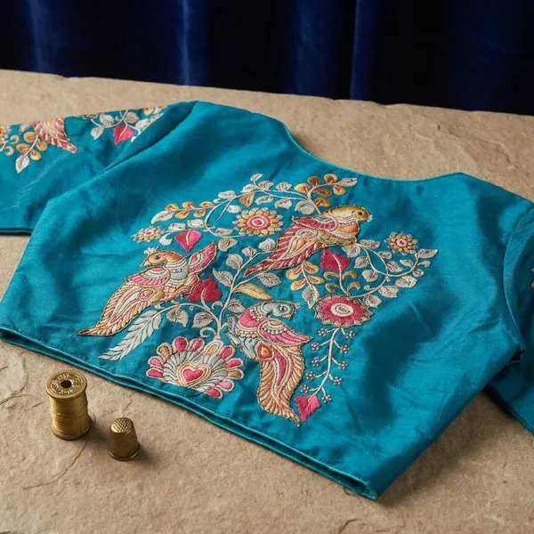 Sky_Blue_Cotton_Saree_And_Blouse_For_Women