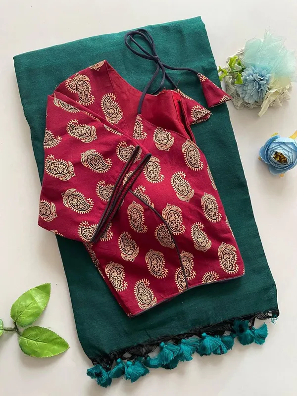 Maroon_Cotton_Saree_And_Blouse_For_Women