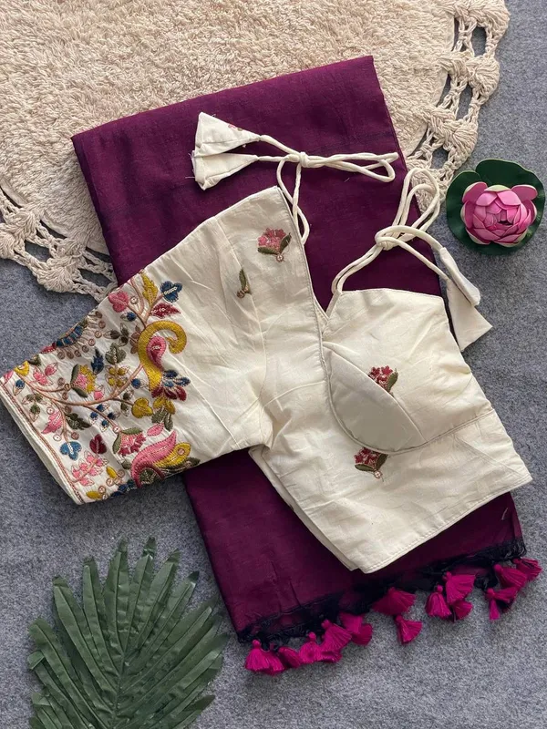Multi_Colour_Cotton_Saree_And_Blouse_For_Women