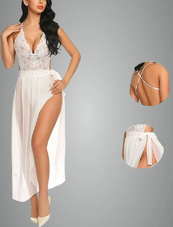 White_Lace_Net_Solid_Babydoll_Lingerie_For_Women