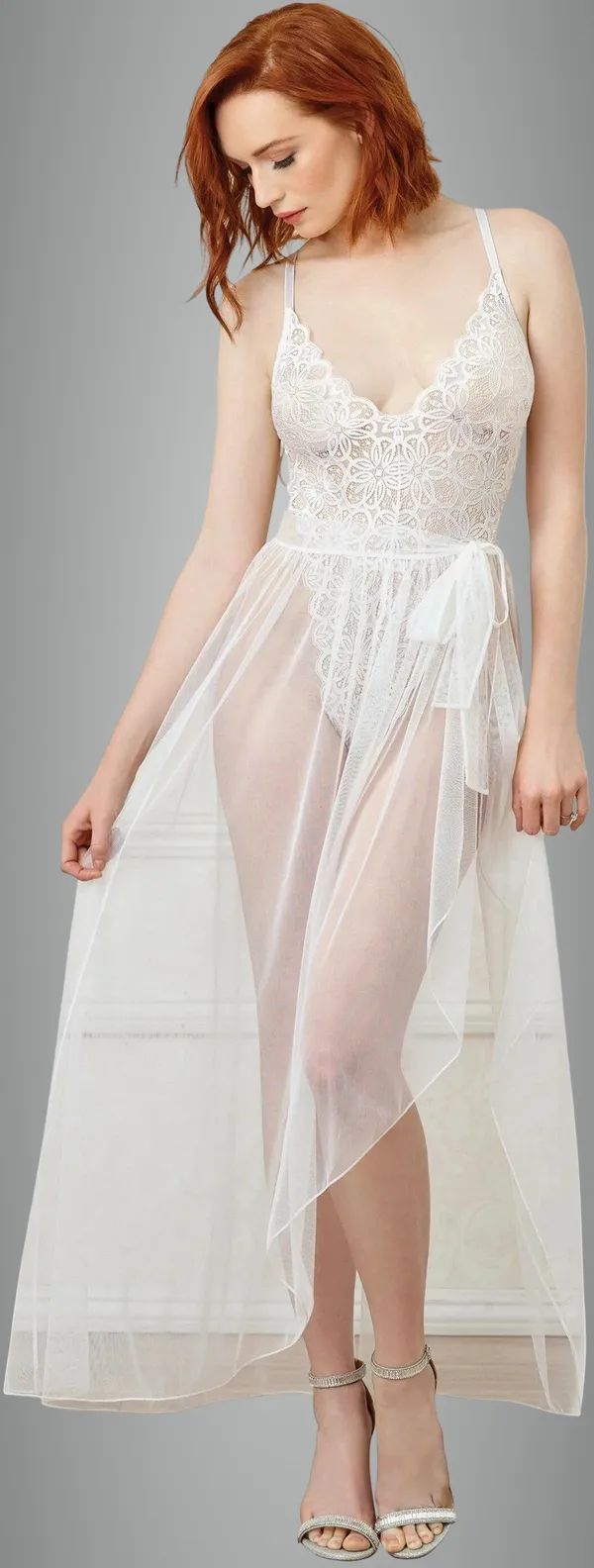 White_Lace_Net_Solid_Babydoll_Lingerie_For_Women