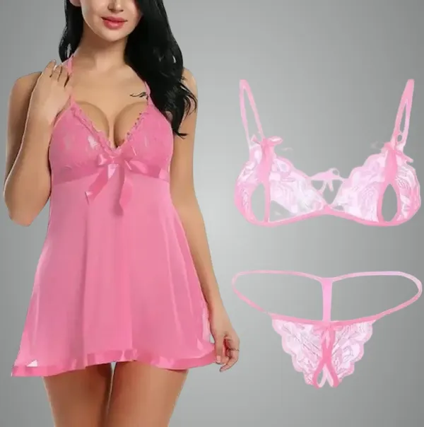 Pink_Lace_Net_Solid_Babydoll_Lingerie_For_Women