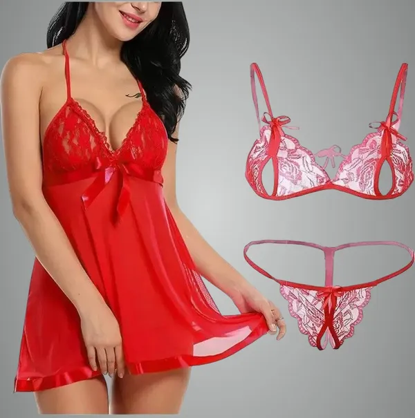 Red_Lace_Net_Solid_Babydoll_Lingerie_For_Women