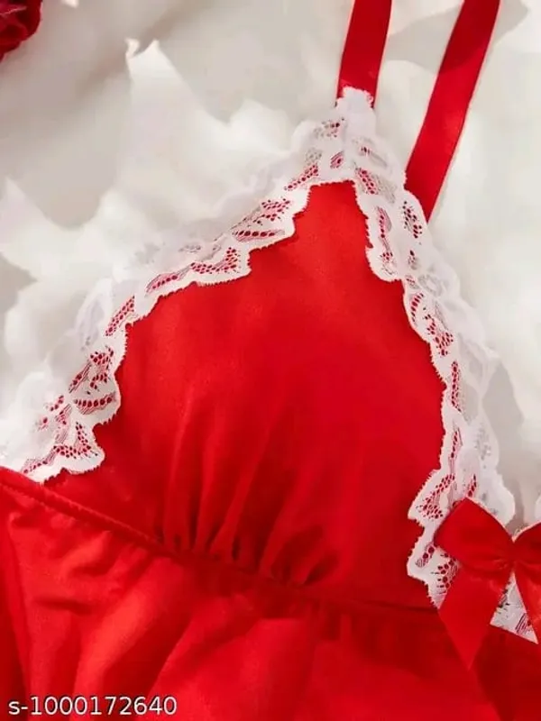 Women_Red_Babydoll_Nightwear_Dress_with_White_Lace_Trim_|_Sleeveless_Satin_/_Silk_Slip_Nighty_with_Bow_Details_Women's_Red_Lace_Babydoll_Chemise_Nightdress_–_Christmas_&_Special_Occasion_Sleepwear_Dress_Women_Red_Short_Babydoll_Nighty_with_White_Lace_and_Front_Slit