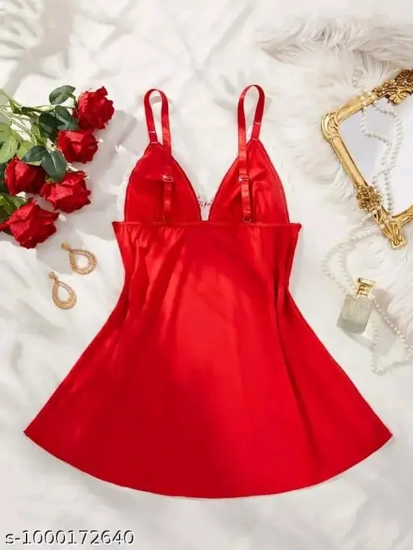 Women_Red_Babydoll_Nightwear_Dress_with_White_Lace_Trim_|_Sleeveless_Satin_/_Silk_Slip_Nighty_with_Bow_Details_Women's_Red_Lace_Babydoll_Chemise_Nightdress_–_Christmas_&_Special_Occasion_Sleepwear_Dress_Women_Red_Short_Babydoll_Nighty_with_White_Lace_and_Front_Slit