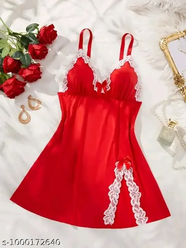 Women_Red_Babydoll_Nightwear_Dress_with_White_Lace_Trim_|_Sleeveless_Satin_/_Silk_Slip_Nighty_with_Bow_Details_Women's_Red_Lace_Babydoll_Chemise_Nightdress_–_Christmas_&_Special_Occasion_Sleepwear_Dress_Women_Red_Short_Babydoll_Nighty_with_White_Lace_and_Front_Slit