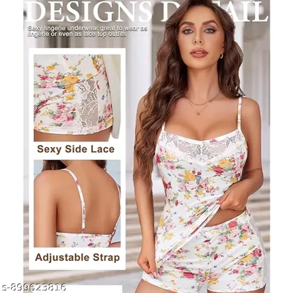 Women's_Floral_Printed_Nightwear_Set_with_Lace_Trim_|_Spaghetti_Strap_Camisole_Top_&_Shorts_Set_Women_Cute_Floral_Print_Satin_Camisole_&_Shorts_Nightsuit_|_Summer_Sleepwear_Set_Women_Floral_Spaghetti_Strap_Top_and_Shorts_Nightwear_Set__Product_Description