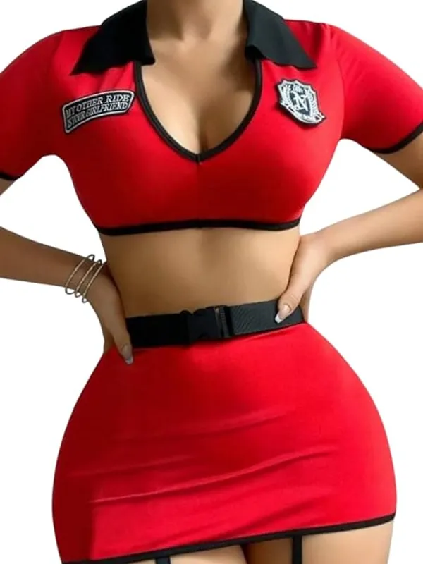 Women’s_Sexy_Red_Babydoll_Costume_Set_–_Collared_Crop_Top_&_Mini_Skirt_with_Belt_–_Role_Play_Nightwear_Outfit_for_Honeymoon_&_Valentine