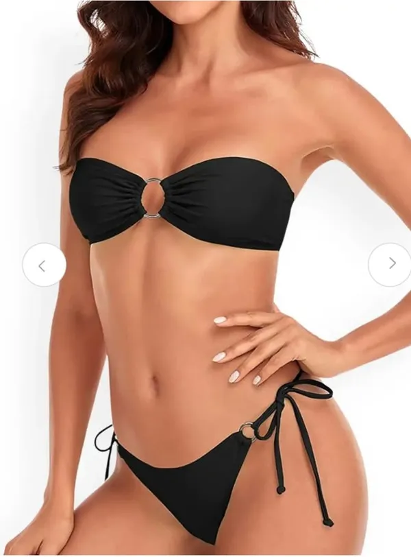 Women's_Solid_Black_Strapless_Bikini_Set_with_Metallic_Ring_Detail__Stylish_Black_Two-Piece_Swimsuit_-_Off-Shoulder_Tie-Back_Top_&_Side-Tie_Bottoms__Black_Ring_Accent_Strapless_Bikini_Set_for_Women_Beachwear_&_Poolside