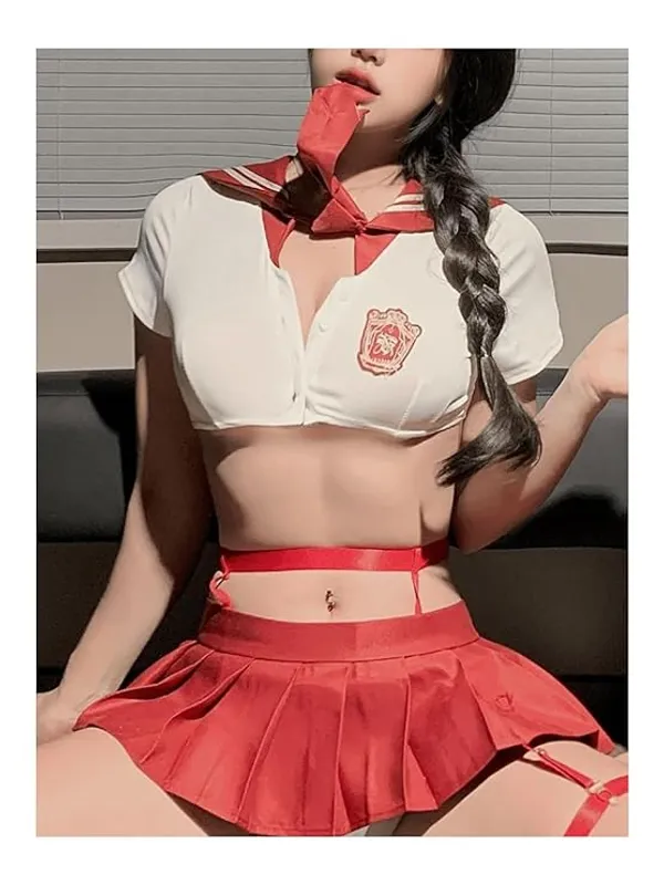 Womens_Sexy_Schoolgirl_Lingerie_Set_-_Red_&_White_Sailor_Style_Babydoll_Outfit_with_Crop_Top,_Pleated_Mini_Skirt,_and_Necktie