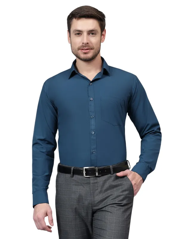 Peacock_Blue_Slim_Fit_Solid_Spread_Collar_Full_Sleeve_Rich_Cotton_Formal_Shirt_For_Men