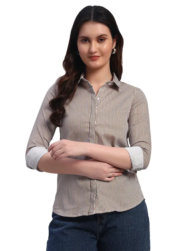 White_And_Khaki_Relaxed_Slim_Fit_Vertical_Striped_Spread_Collar_Cotton_Casual_Shirt_For_Women