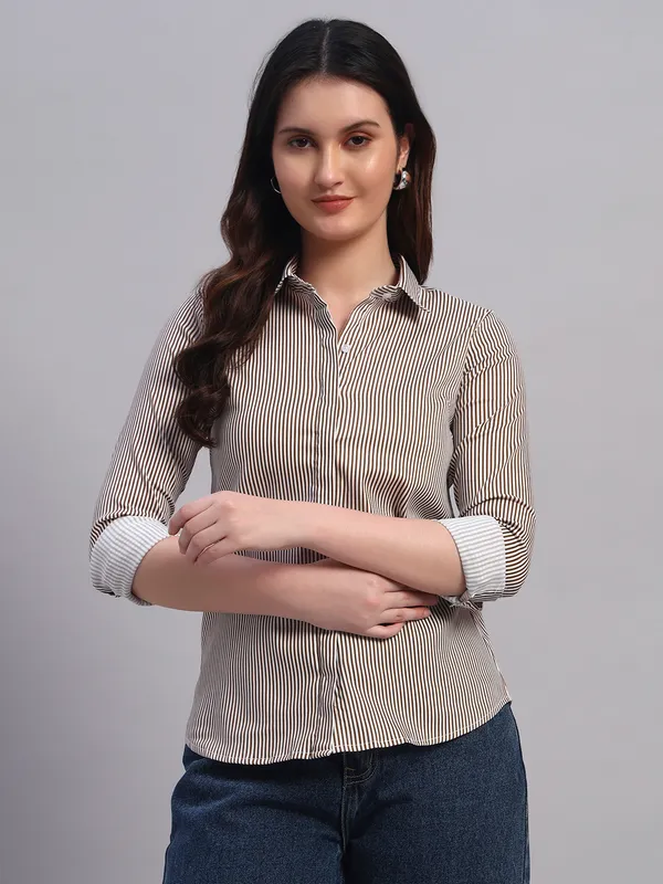 White_And_Khaki_Relaxed_Slim_Fit_Vertical_Striped_Spread_Collar_Cotton_Casual_Shirt_For_Women
