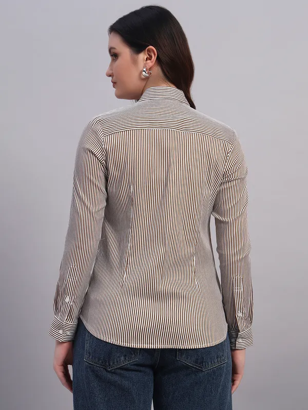 White_And_Khaki_Relaxed_Slim_Fit_Vertical_Striped_Spread_Collar_Cotton_Casual_Shirt_For_Women