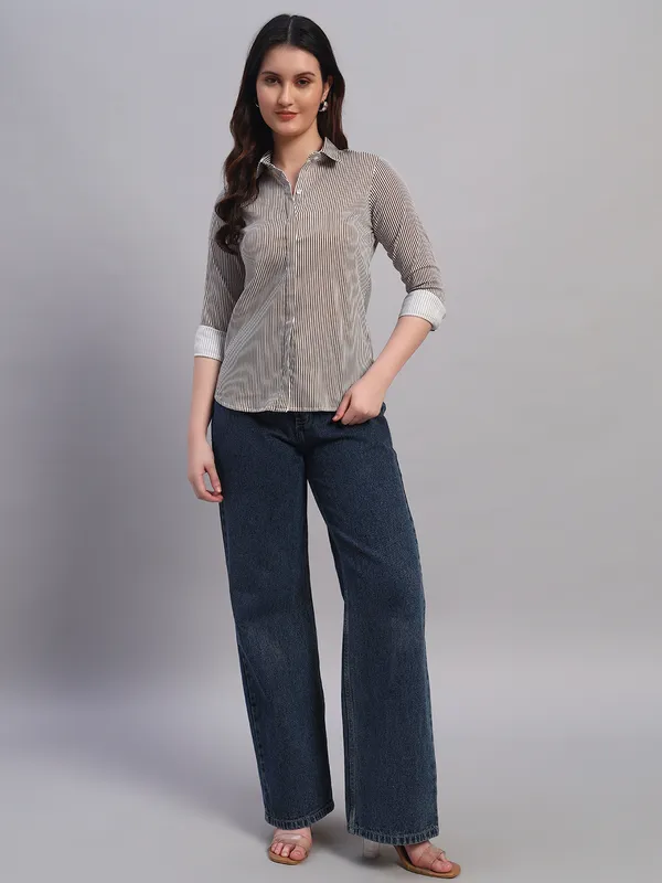 White_And_Khaki_Relaxed_Slim_Fit_Vertical_Striped_Spread_Collar_Cotton_Casual_Shirt_For_Women