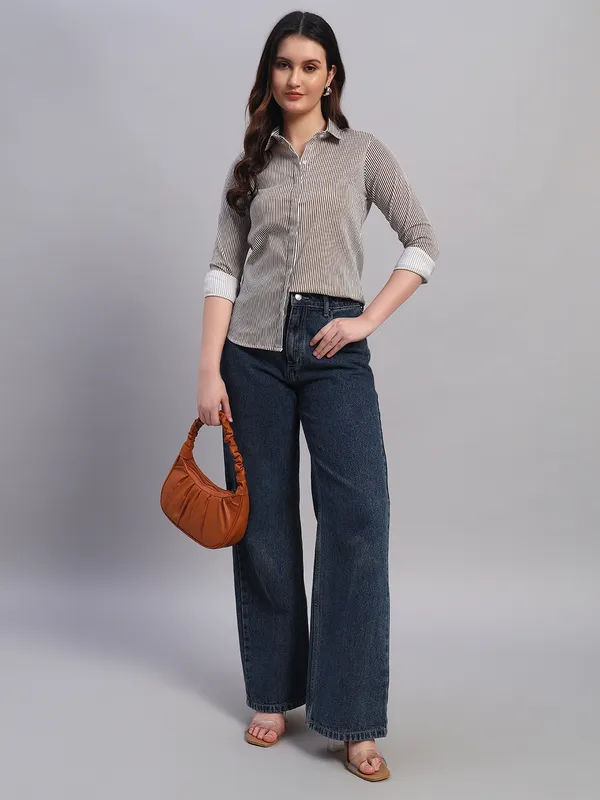 White_And_Khaki_Relaxed_Slim_Fit_Vertical_Striped_Spread_Collar_Cotton_Casual_Shirt_For_Women