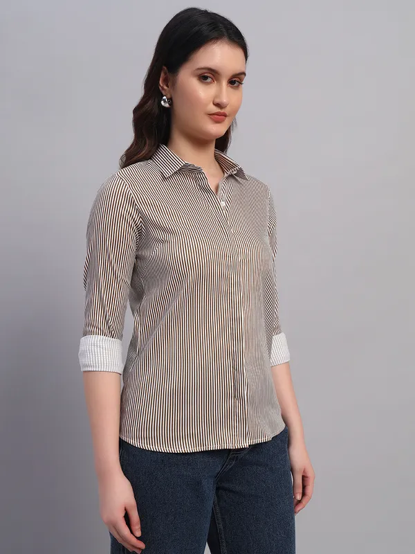 White_And_Khaki_Relaxed_Slim_Fit_Vertical_Striped_Spread_Collar_Cotton_Casual_Shirt_For_Women
