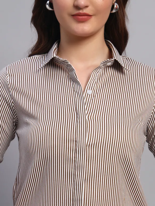 White_And_Khaki_Relaxed_Slim_Fit_Vertical_Striped_Spread_Collar_Cotton_Casual_Shirt_For_Women