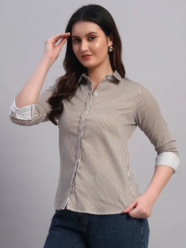 White_And_Khaki_Relaxed_Slim_Fit_Vertical_Striped_Spread_Collar_Cotton_Casual_Shirt_For_Women