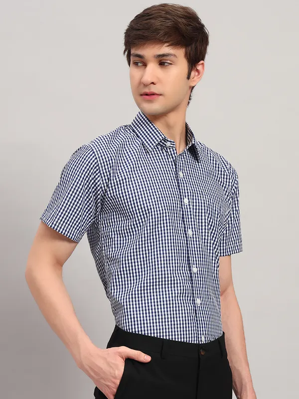Blue_And_White_Slim_Fit_Checked_Spread_Collar_Half_Sleeve_Cotton_Formal_Shirt_For_Men