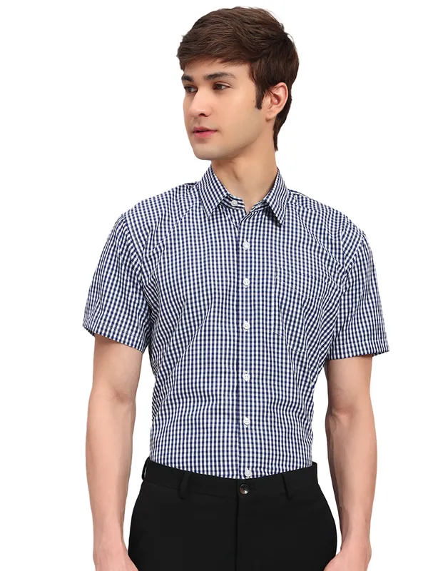 Blue_And_White_Slim_Fit_Checked_Spread_Collar_Half_Sleeve_Cotton_Formal_Shirt_For_Men