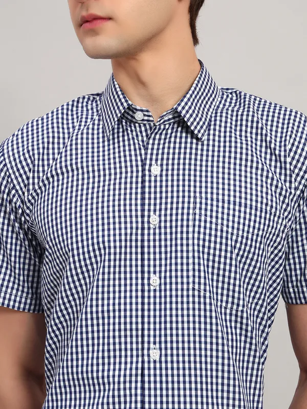 Blue_And_White_Slim_Fit_Checked_Spread_Collar_Half_Sleeve_Cotton_Formal_Shirt_For_Men