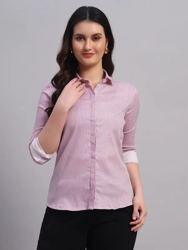 White_And_Pink_Relaxed_Slim_Fit_Vertical_Striped_Spread_Collar_Cotton_Casual_Shirt_For_Women