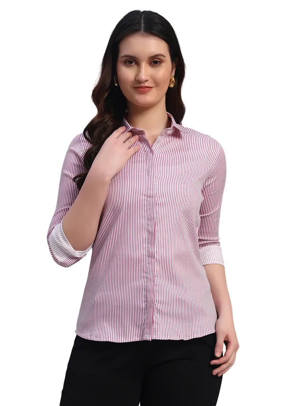 White_And_Pink_Relaxed_Slim_Fit_Vertical_Striped_Spread_Collar_Cotton_Casual_Shirt_For_Women