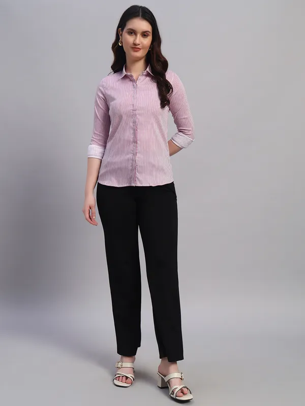 White_And_Pink_Relaxed_Slim_Fit_Vertical_Striped_Spread_Collar_Cotton_Casual_Shirt_For_Women