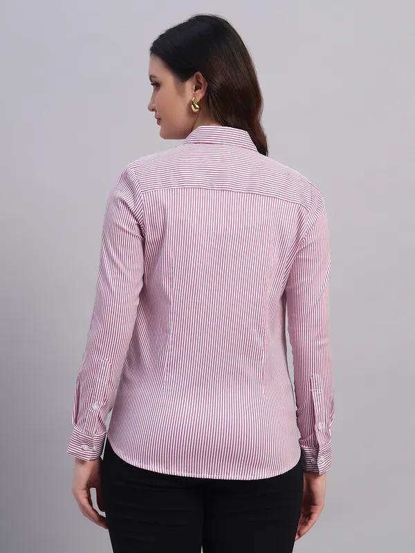 White_And_Pink_Relaxed_Slim_Fit_Vertical_Striped_Spread_Collar_Cotton_Casual_Shirt_For_Women