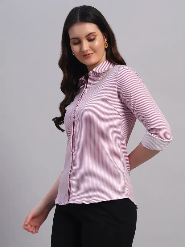 White_And_Pink_Relaxed_Slim_Fit_Vertical_Striped_Spread_Collar_Cotton_Casual_Shirt_For_Women