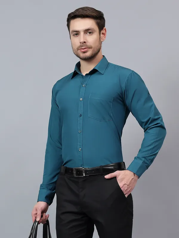 Teal_Blue_Slim_Fit_Solid_Spread_Collar_Full_Sleeve_Rich_Cotton_Formal_Shirt_For_Men